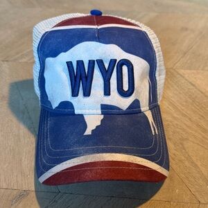 Wyoming ‘WYO’ Trucker Hat with Buffalo Graphic in Red, White, & Blue